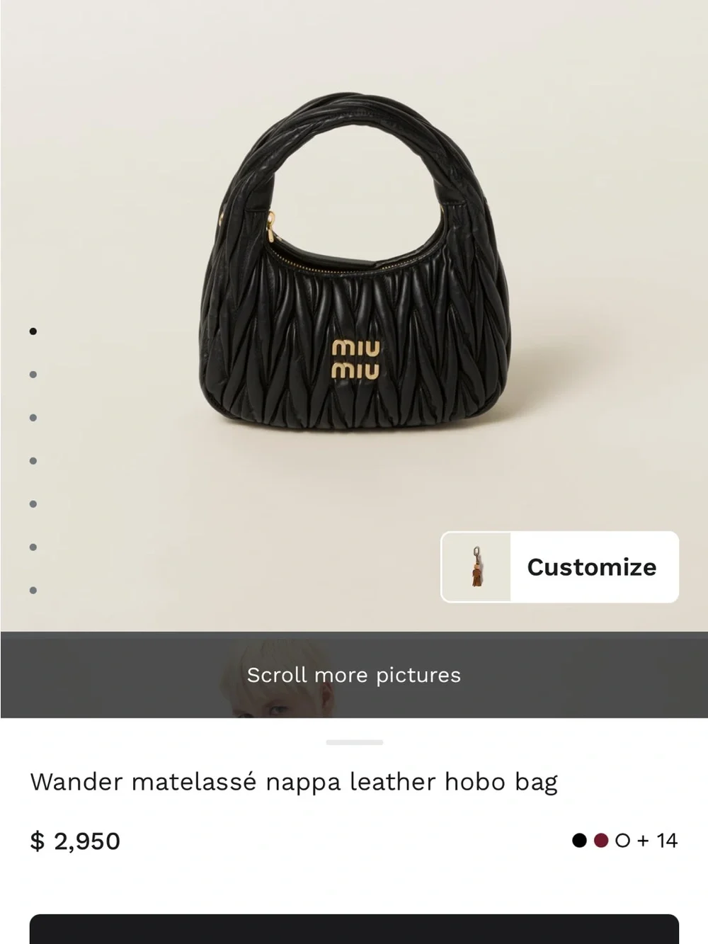Miu Miu Wander Matelassé Nappa Leather Hobo Bag in Black